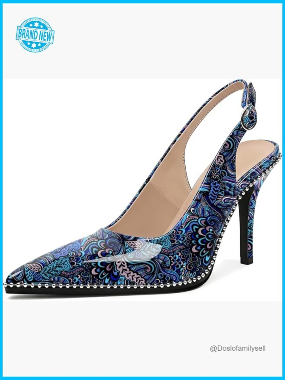 Silver Beaded Slingback Stiletto Pumps Pointed Toe 3.5 Inch Heel Patent Slip On
